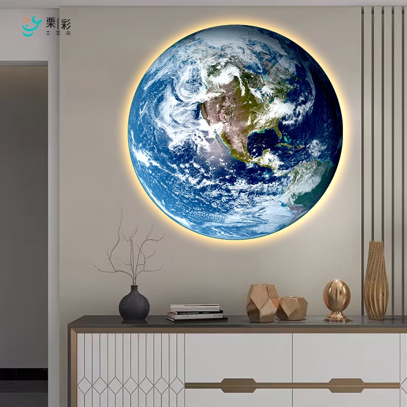 月球地球壁灯圆形过道走廊玄关挂画主卧背景墙卧室带灯床头装饰画