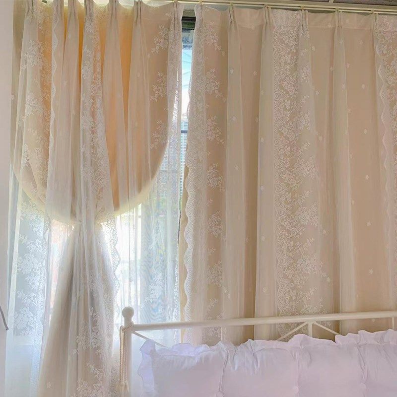 窗帘法式卧室遮光客厅网红公主风少女蕾丝双层布纱一体飘窗奶油风,居家布艺,定制窗帘,淘宝优惠券,粉丝福利购,淘宝优惠卷