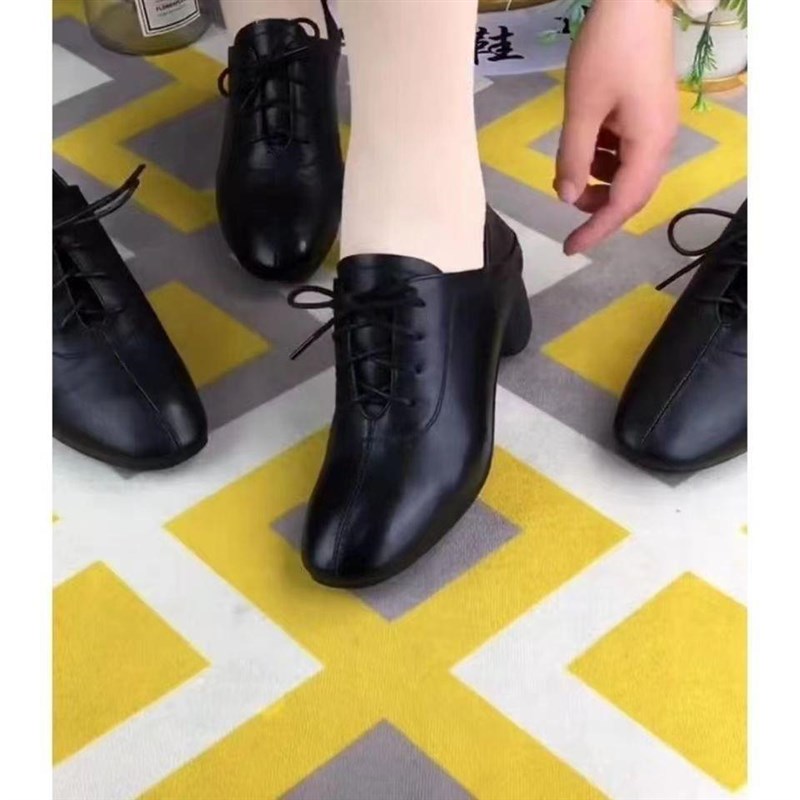 真软皮单鞋女2025春秋季新款粗跟中低跟女鞋方头系带黑色皮鞋子