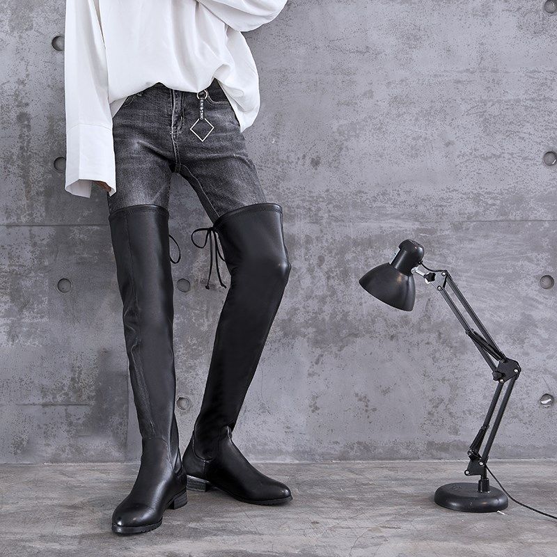 低跟长筒靴时尚大气男靴过膝靴大码52码包腿显瘦弹力靴霸道总裁风