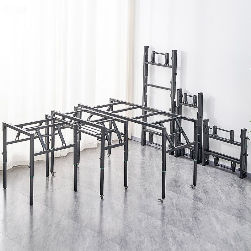 可升降折叠桌架双层长方形金属桌腿加厚移动正方形餐桌架子带滑轮