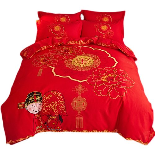 婚庆四件套大红色结婚全棉1.8m2.0m床双人被套床单式喜庆床上用品
