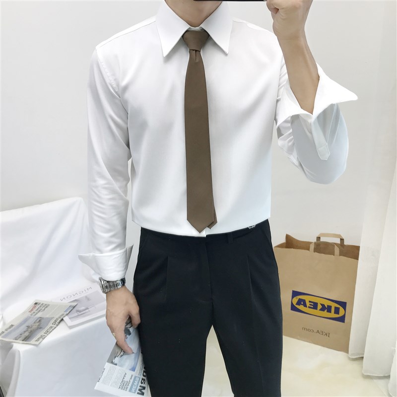 衬衫男春秋长袖韩版男q士尖领衬衣免烫抗皱商务正装暗扣白色衬衫