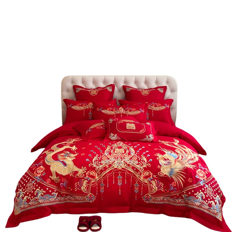 中式龙凤刺绣结婚四件套大红色床单被套婚庆床上用品婚房
