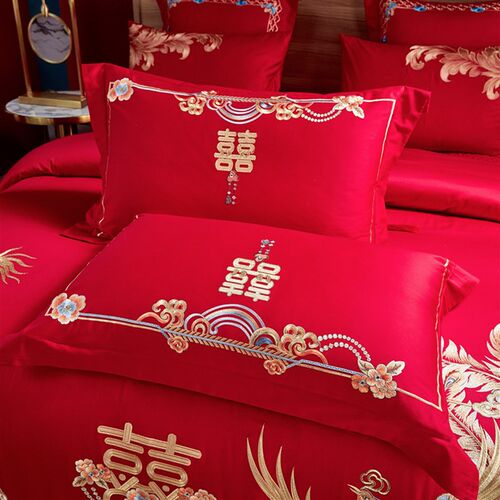 中式婚礼牀上用品全棉龙凤刺绣大红色结婚被套婚庆四件式牀组纯