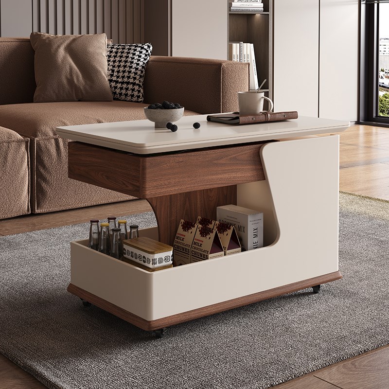 可移动茶几小户型客厅沙发边几多功能可旋转升降茶桌实木推车边柜