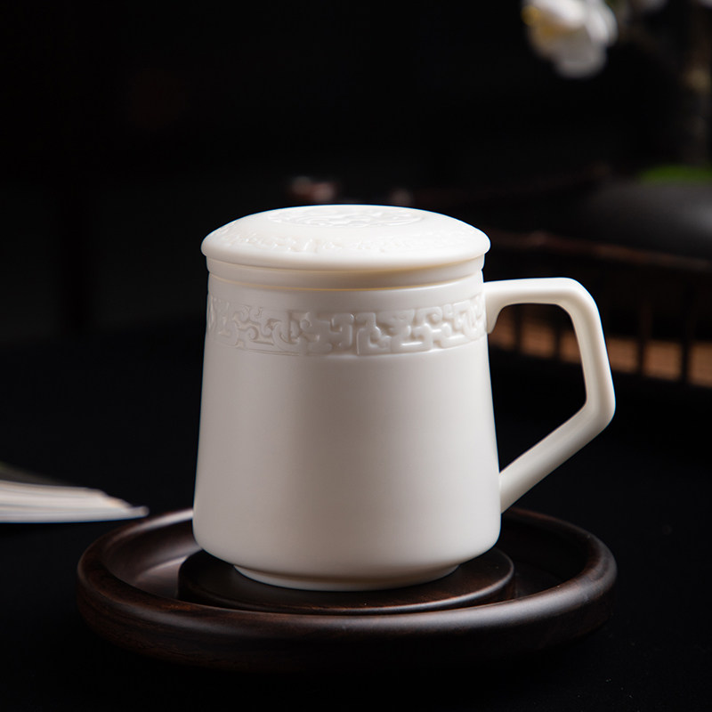 德化陶瓷羊脂玉瓷茶杯个人专用办公杯高J档水杯带盖马克杯白瓷杯