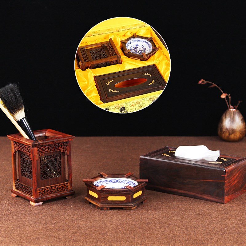 红木纸巾盒烟灰缸笔筒套装老挝大红酸枝客厅三件套实木餐巾盒套装