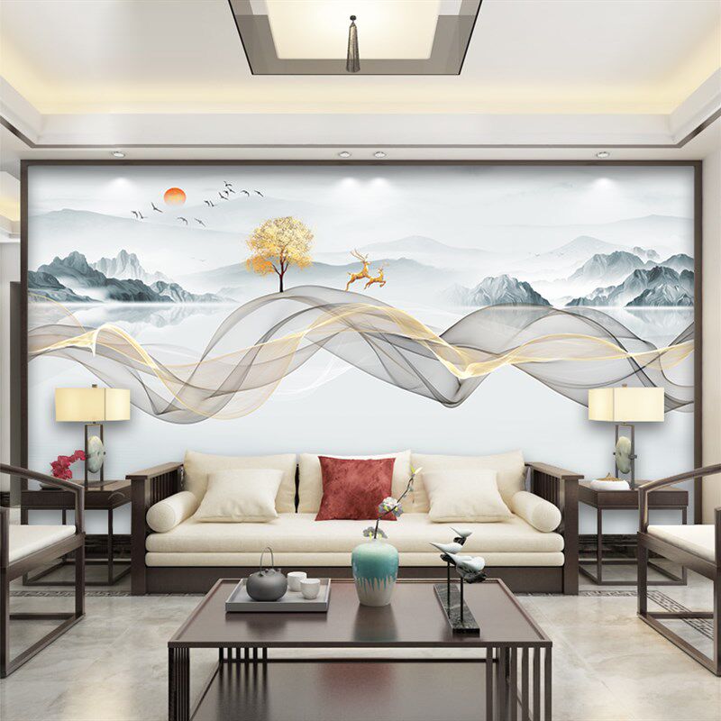 8d新中式电视背景墙壁纸客厅沙发背景壁布影视墙墙布大气定制壁画