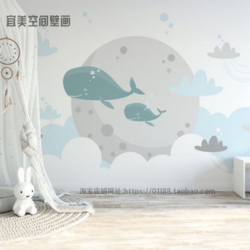儿童房网红壁纸ins鲸r鱼壁纸男孩房间卧室环保墙纸背景墙纸壁画