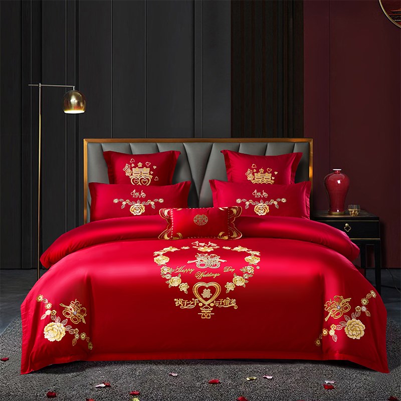 结婚四件套大红色床单被罩喜庆新婚床上用品陪嫁婚房刺绣套件