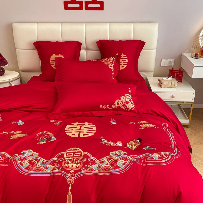 档中式结婚四件套红色百子图刺绣被套全棉婚庆床上用品婚房