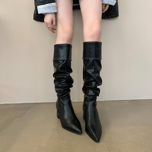 秋冬堆堆靴瘦瘦靴子尖头小个子增高褶皱显瘦粗跟长靴子两穿马丁靴