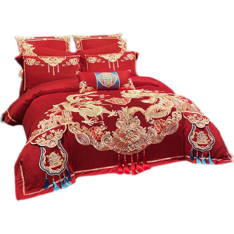 120支婚庆四件套全棉大红刺绣被套出嫁龙凤结婚床上八9十件套