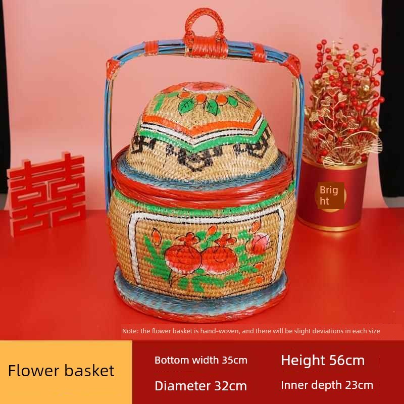 手工编织彩绘竹篮子o潮汕传统喜庆婚嫁女方用品竹制花篮竹艺摆件