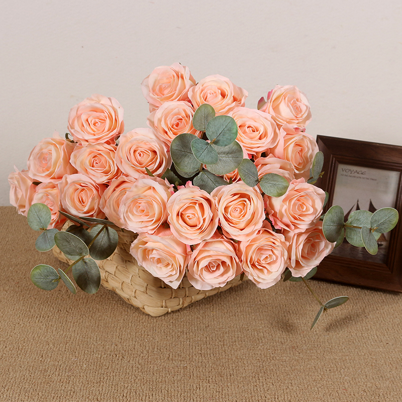 手札8头玫瑰花假花仿真花花束 酒红色客厅装饰摆件插花黑红色绢花