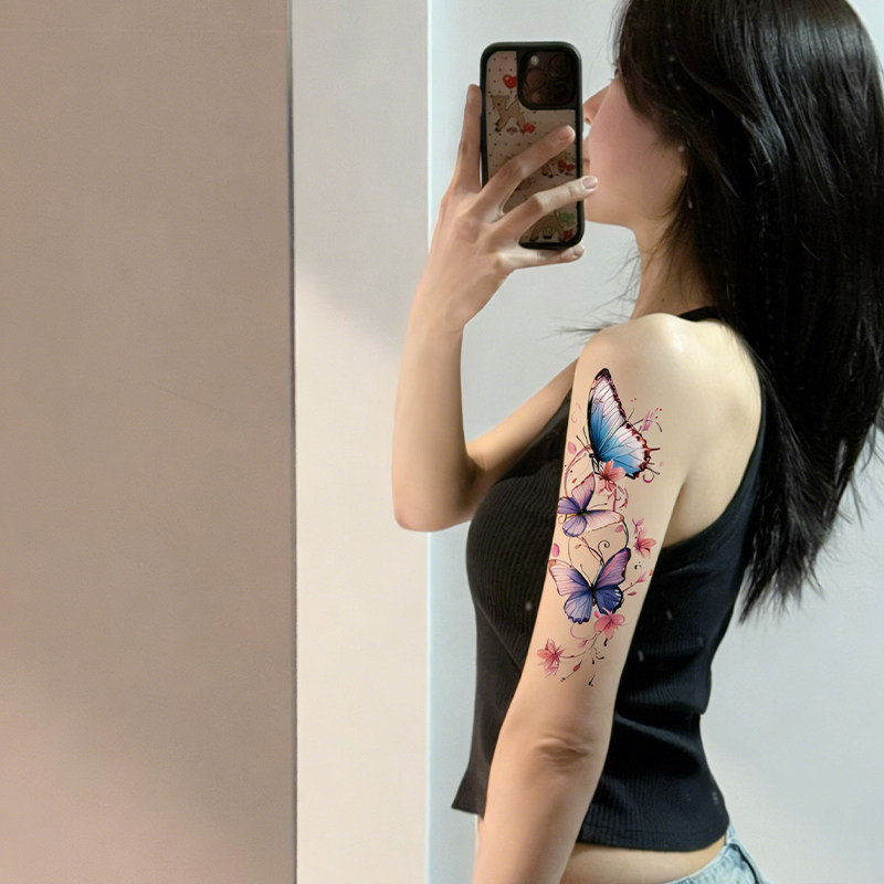 蝴蝶花朵纹身贴纸女手臂彩色防水持久草本膜辣妹风半永久遮盖疤痕