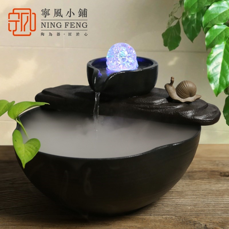 水流循环客厅家居循环水流水招财办公室桌L面小石磨流水摆件雾化