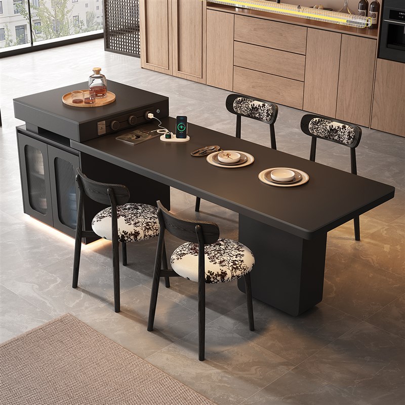 意式极简可伸缩岛台餐桌一体家用小E户型倒台开放式西厨房岩板导