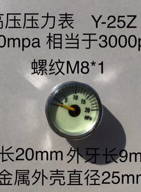 轴向压力表 Y-25Z 0-20mpa 相当于3000psi 直径25mm 螺纹M8x1