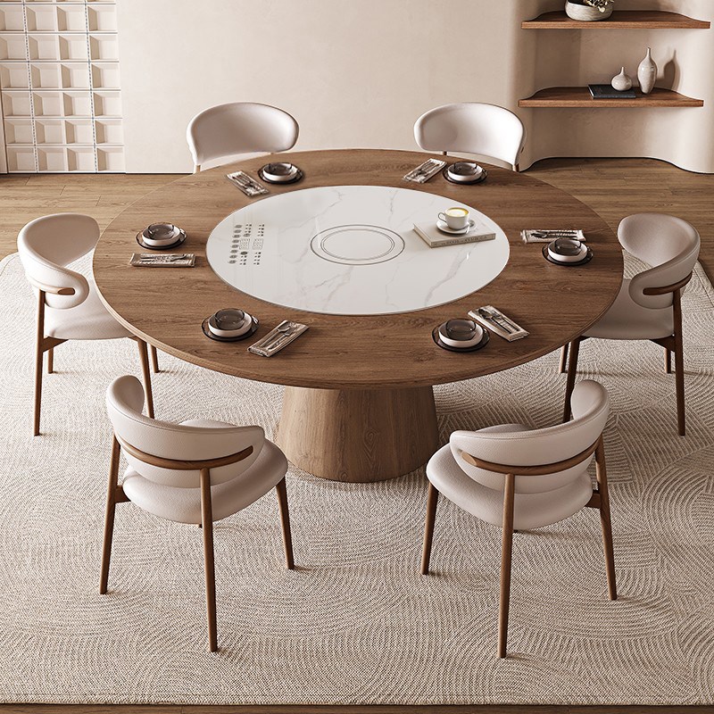 中古风实木圆形h餐桌家用小户型内嵌电磁炉转盘复古胡桃色多功能