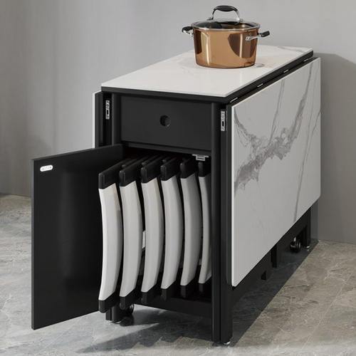 小户型实木岩板电磁炉折叠餐桌椅现代简约可伸缩家用长方形餐桌子