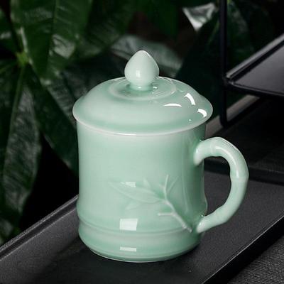 陶瓷杯子带盖办公室喝茶杯青瓷马克杯水杯男办公杯会议杯中式简约