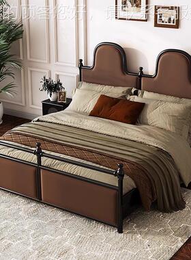 法式床复古丝889绒实木主卧老巴黎双人床黑色罗马柱式高背床美公