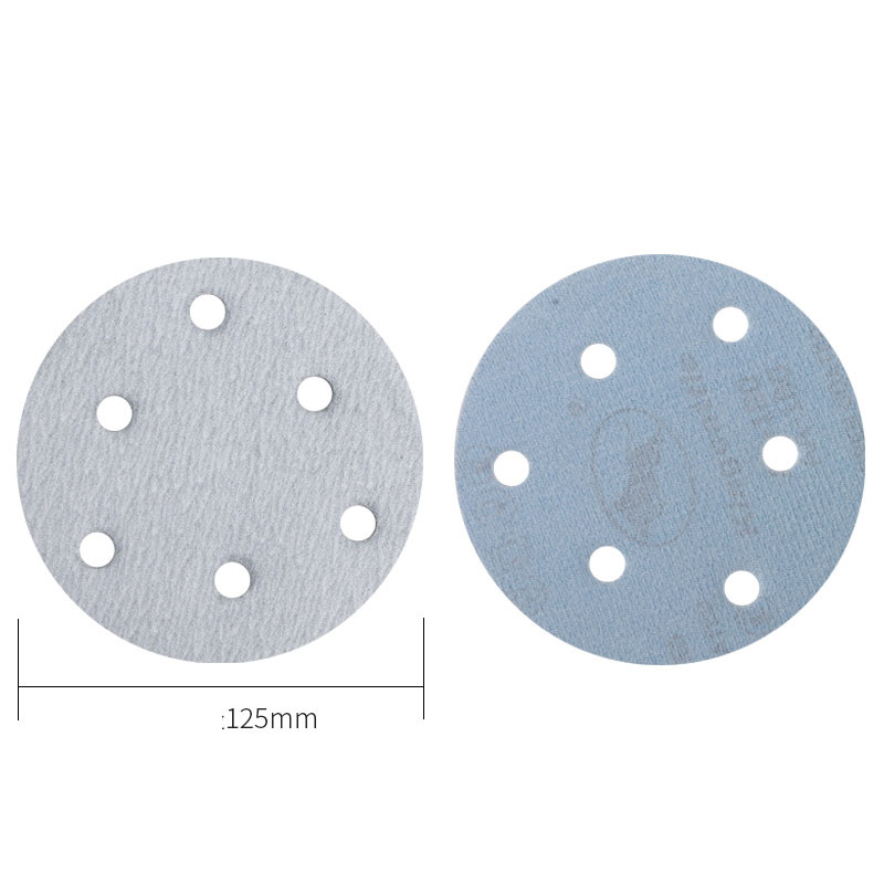 干磨砂纸5寸6孔白砂植绒砂纸125mm气磨机抛光打磨砂纸片自粘圆形