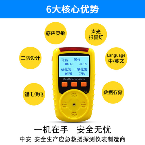 中安四合一气体检测仪氨气硫化氢一氧化碳有毒燃气体探测报警器