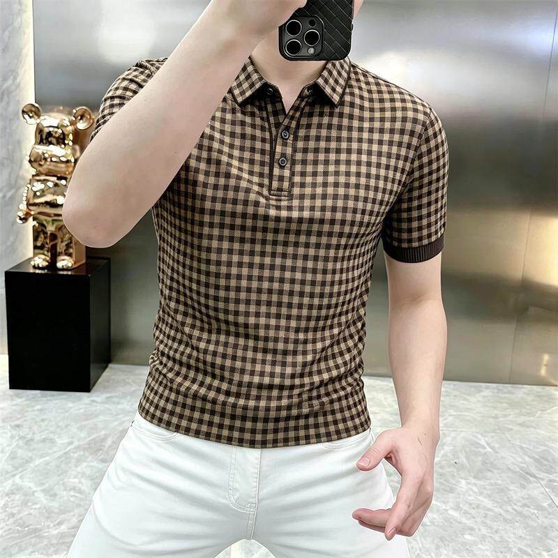 澜阙服饰Amphelisia简欧轻奢夏季男士短袖POLO衫格子半袖T恤上衣