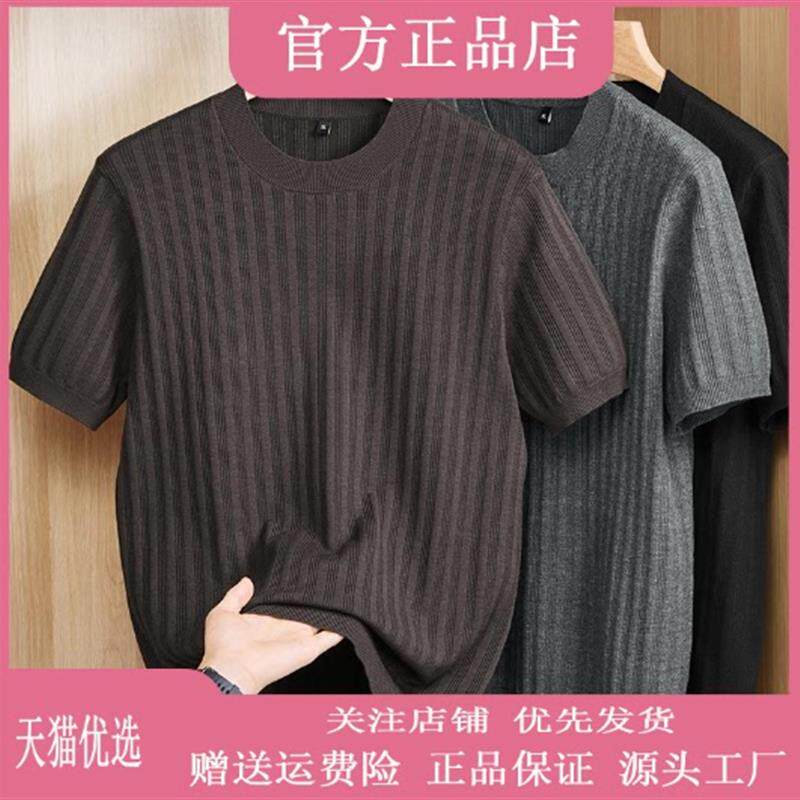 巴堡罗男装高端品质大码男士秋季透气半高领短袖针织衫休闲男圆领