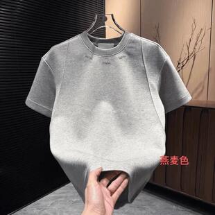 澜阙服饰秋冬新款男士加厚质感立体刺绣字母纯色短袖T恤