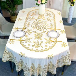 椭圆形餐桌布防水防烫防油PVC台布家用免洗折叠圆桌布烫金布 欧式