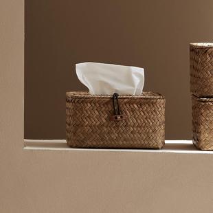 抽纸盒家用客厅茶几餐厅创意简约多功能纸巾收纳纸巾盒草编 日式