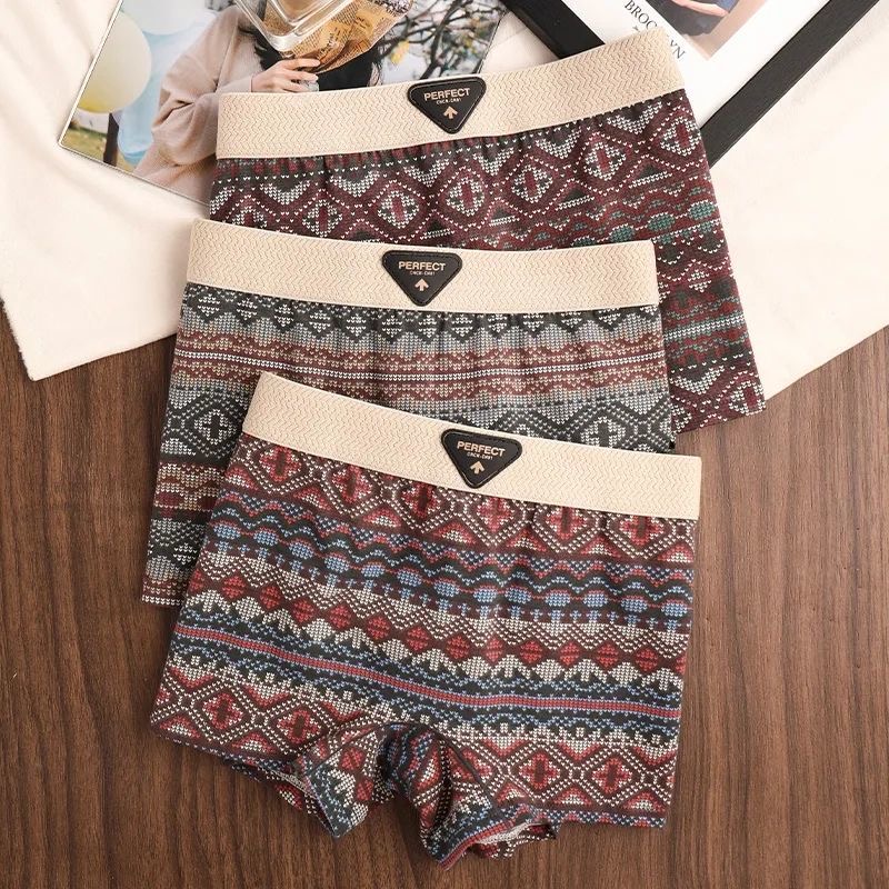 2025秋冬新款女士内裤透气复古民族风舒适四角裤潮流防走光安全裤