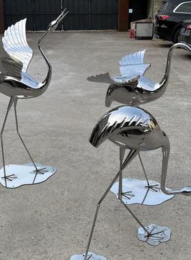 户外不锈钢镜面仙鹤雕塑摆件酒店写字楼商场公园草坪落地装饰