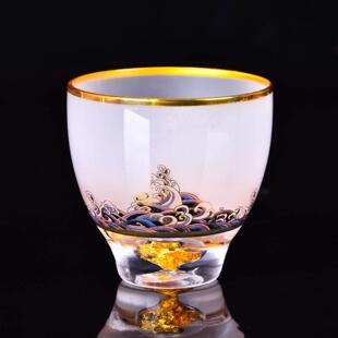 祁县龙渊人工水晶玻璃茶杯防烫主人杯功夫茶具描金贴花纸品茗单杯