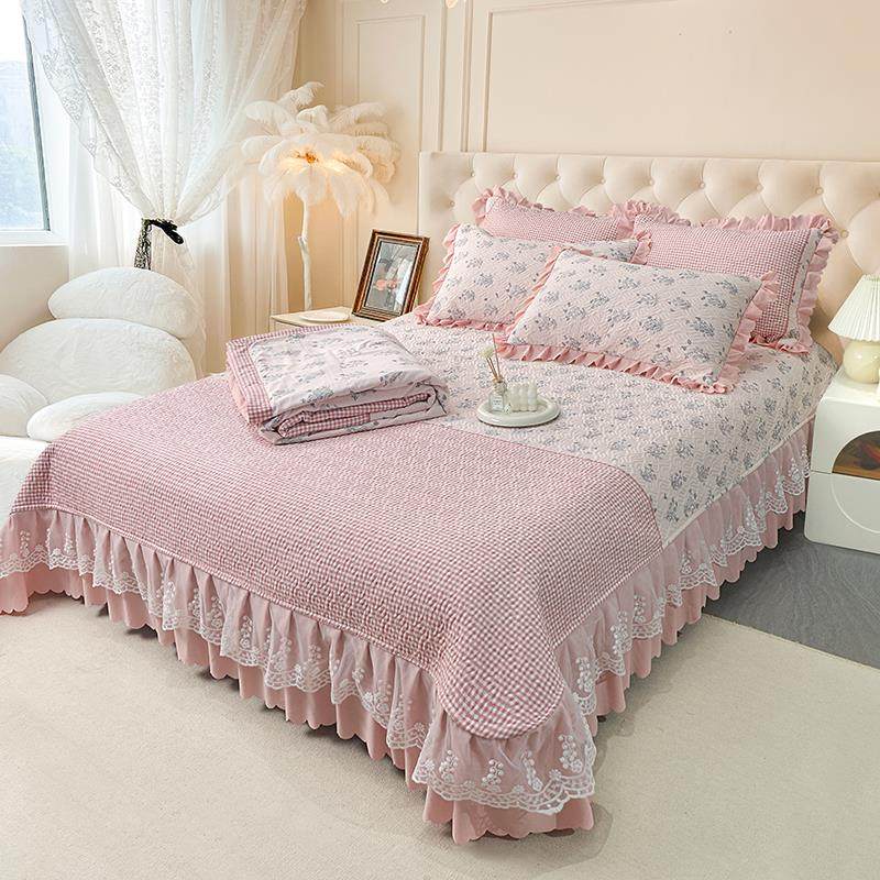 夹棉床盖三件套夏被四件套被套针织棉防滑床单公主风床罩夏季床上