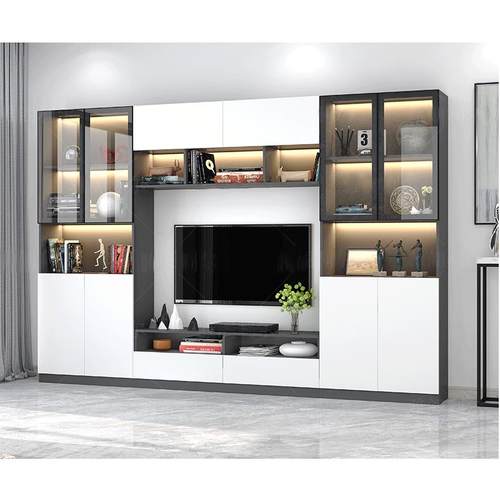 现代简约电视柜背景墙组合柜客厅钢化玻璃门书柜轻奢储物柜定制