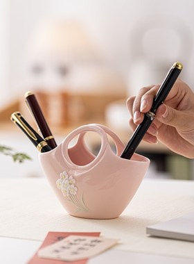 创意陶瓷收纳篮手提笔筒花器桌面摆件简约小清新茶桌书房客厅装饰