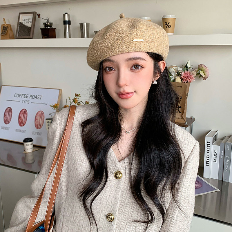 韩系金属标贝雷帽女秋冬加厚保暖