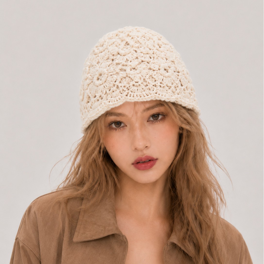 日系甜美蕾丝钩花包头帽女
