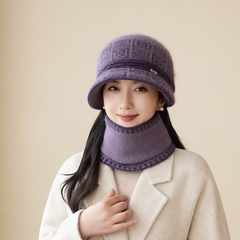 兔毛针织毛线帽子女冬款保暖加绒加厚防寒中老年棉帽简约