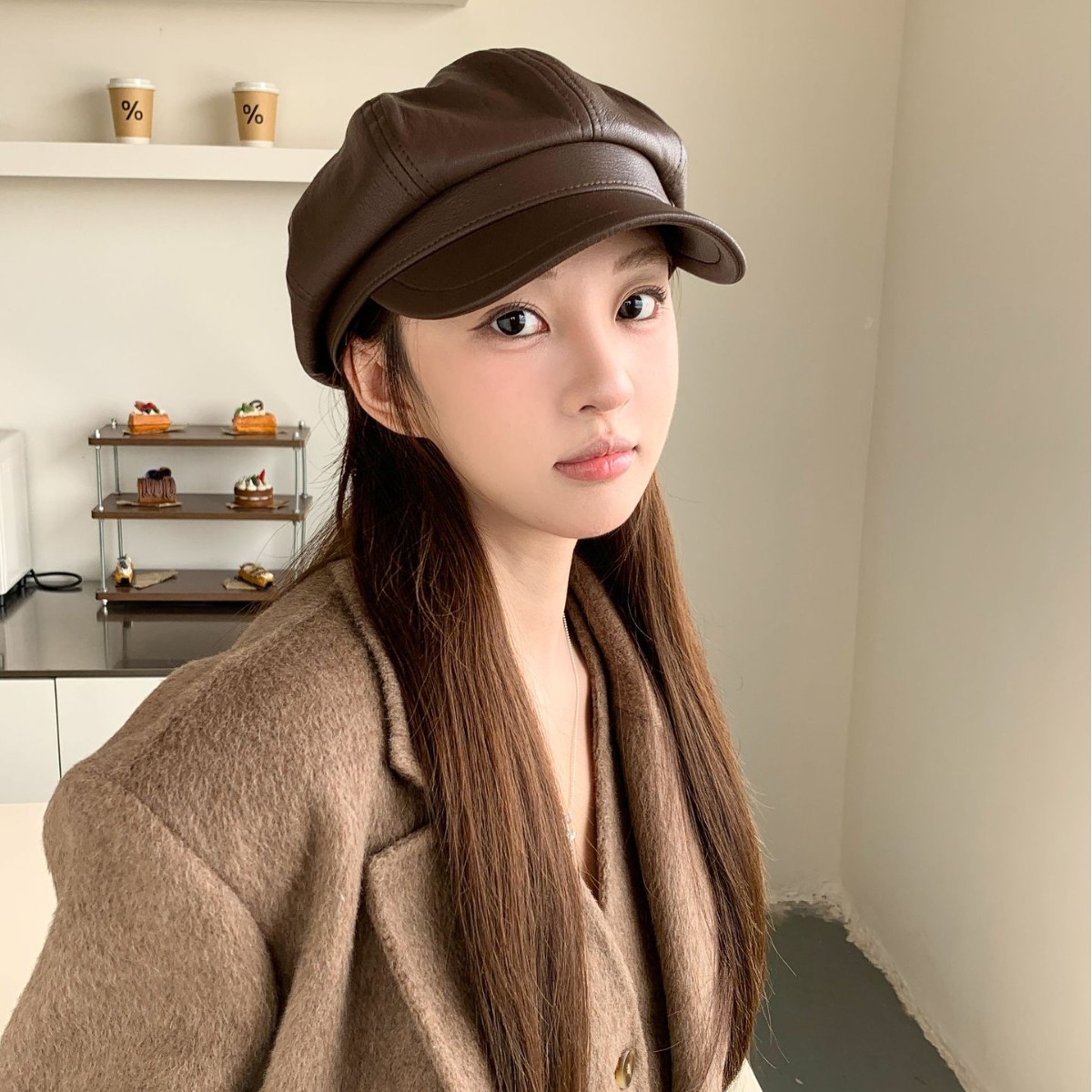 皮质女款贝雷帽显脸小大头围