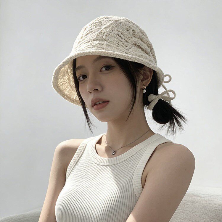 夏季镂空针织蝴蝶结渔夫帽女防晒