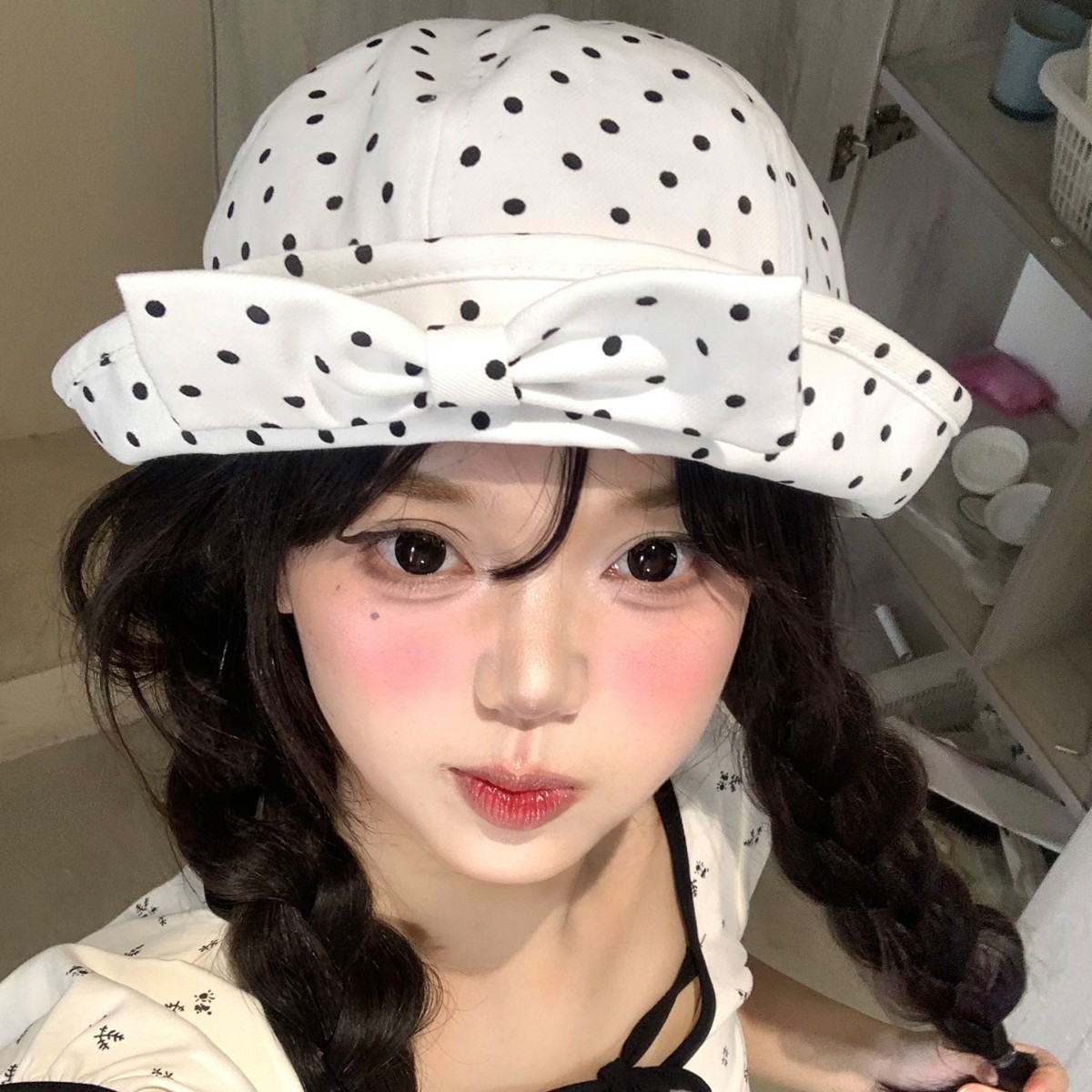 日系黑白波点蝴蝶结盆帽女