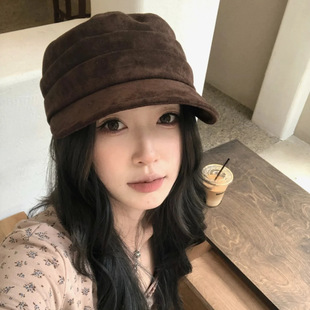 时尚 纯色马术帽麂皮绒平顶鸭舌帽女休闲百搭日系春秋八角帽显脸