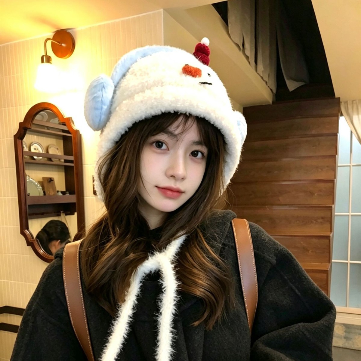 甜美小猪毛绒护耳针织帽秋冬
