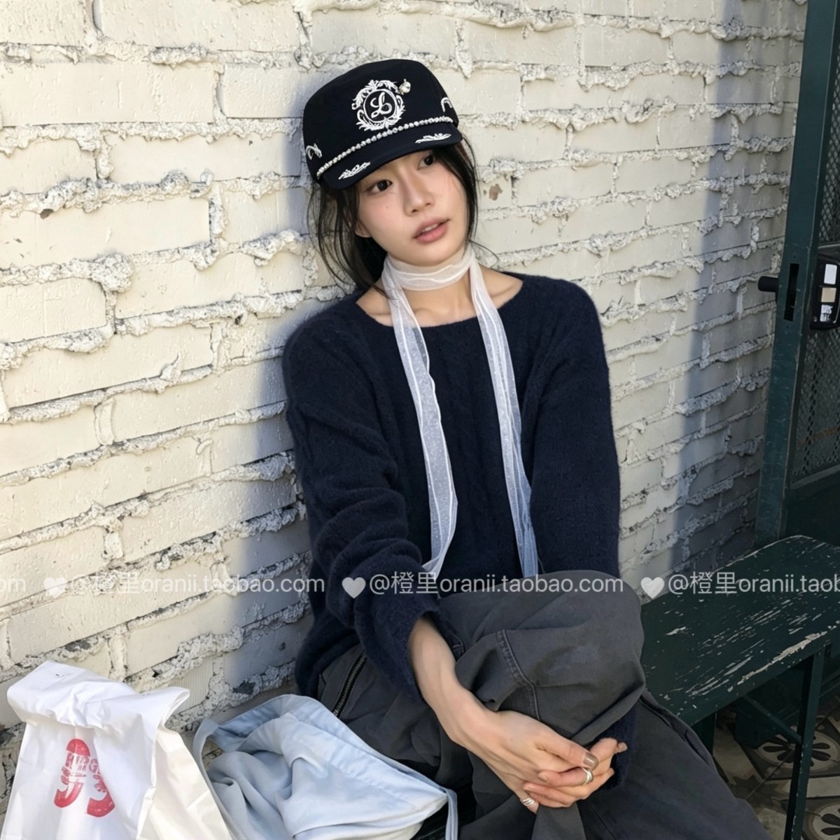 韩系刺绣珍珠链短檐海军帽女显脸